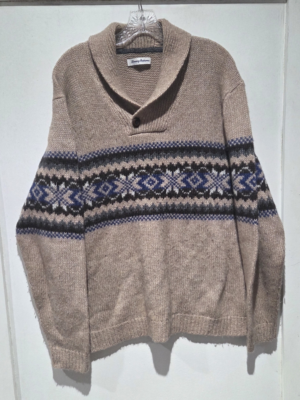 Tommy Bahama Taupe Shawl Collar V-Neck Fair Isle Sweater